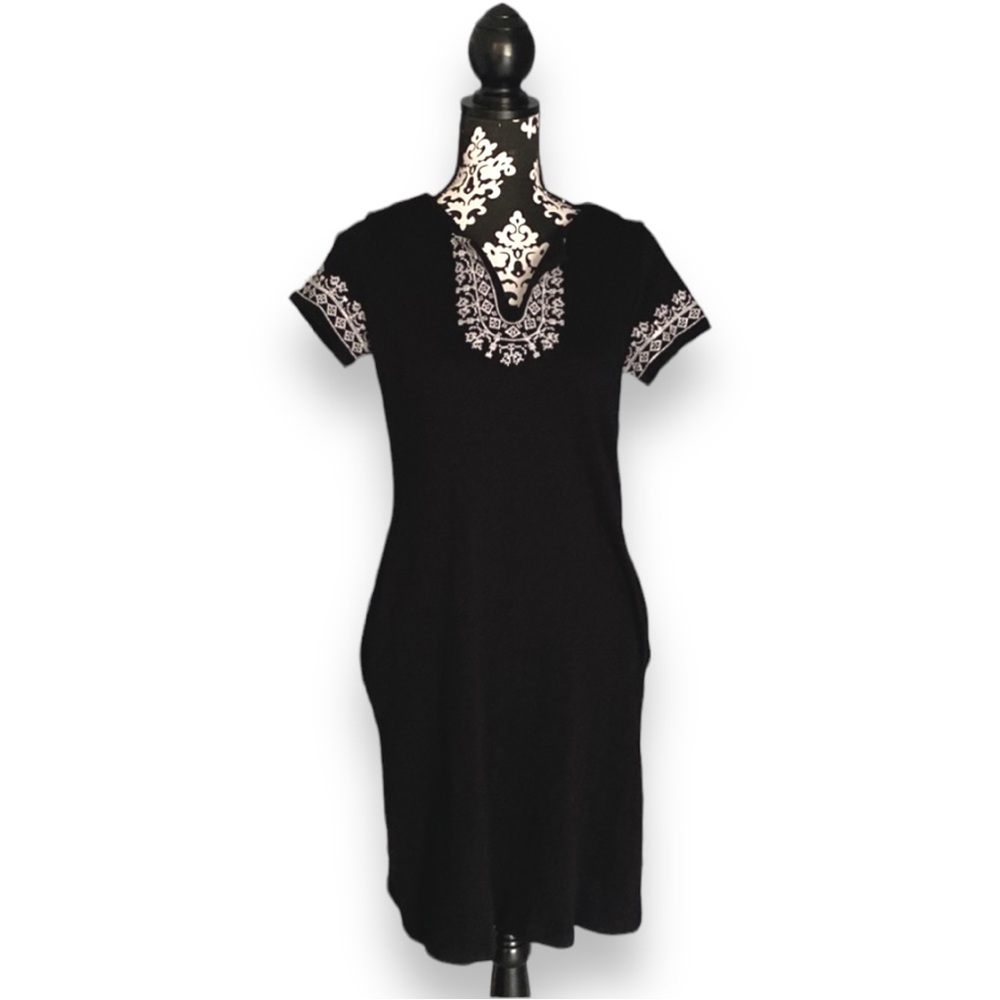 Talbots Black & White embroidered Short Sleeve Cotton Dress Size Petite Small